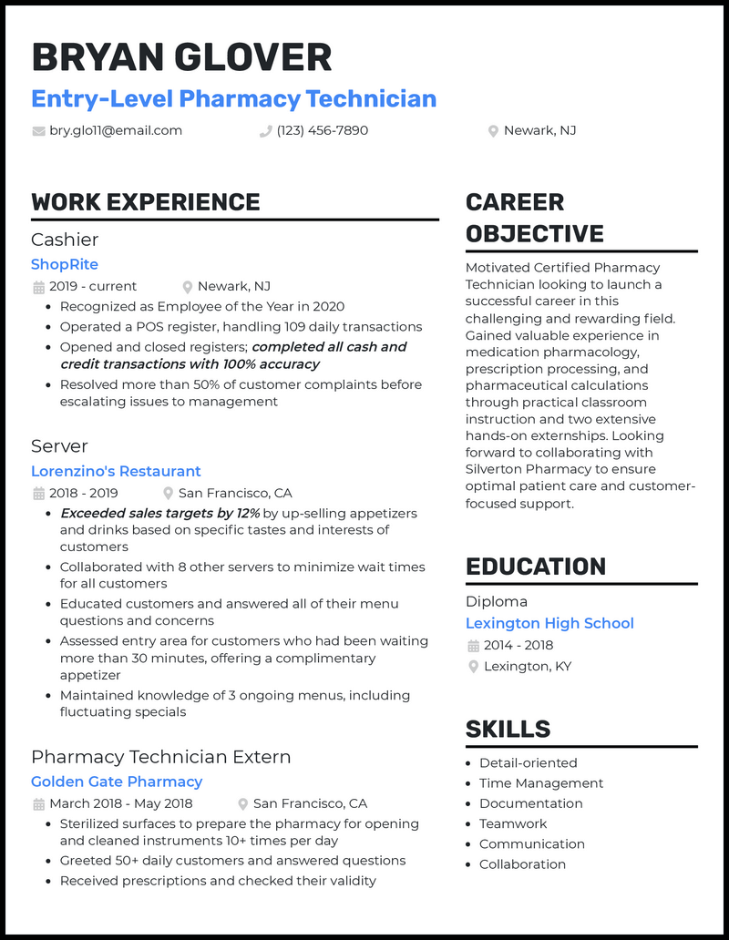 3 Entry Level Pharmacy Technician Resume Examples Templates