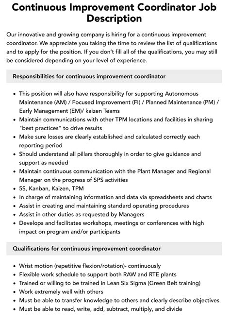 Continuous Improvement Coordinator Job Description Velvet Jobs