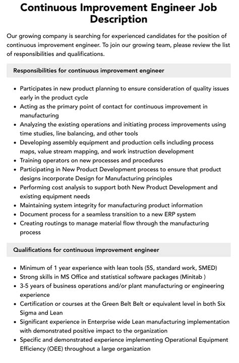 Continuous Improvement Engineer Job Description Velvet Jobs