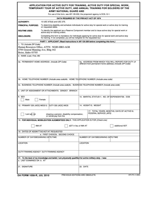 Download Da Form 1058 R Application For Active Duty For Training Active Duty For Special Work