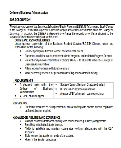 Free 10 Sample Business Administration Job Descriptions In Pdf Ms Word