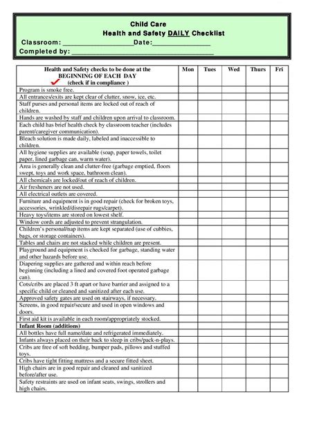 Free Printable Child Care Health And Safety Daily Checklist Homesecuritysystems Daily