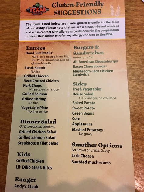 Gluten Free Menu Photo From Texas Roadhouse