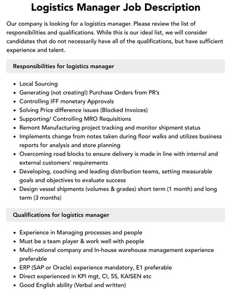 Logistic Manager Job Description Velvet Jobs