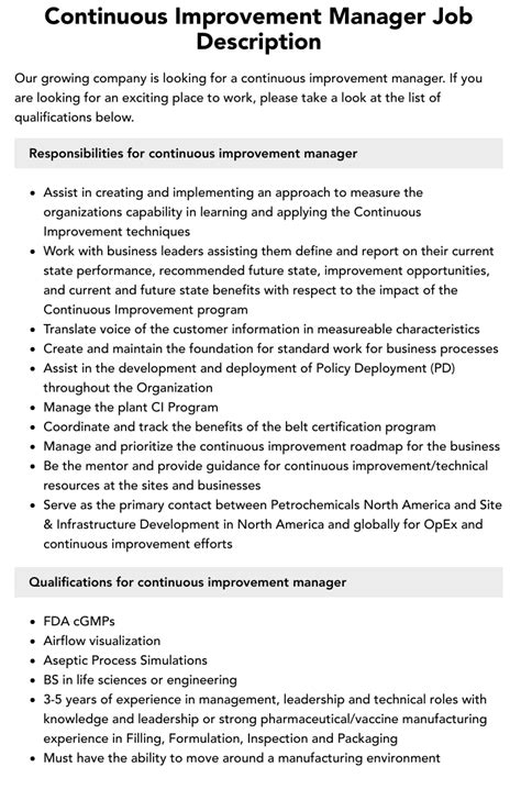 Manager Continuous Improvement Job Description Velvet Jobs