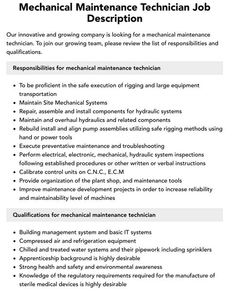 Mechanical Maintenance Technician Job Description Velvet Jobs