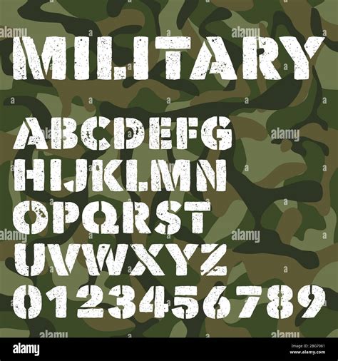 Old Military Alphabet Bold Letters And Numbers On Army Green Camouflage Background Stencil