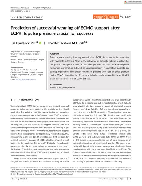 Pdf Prediction Of Successful Weaning Off Ecmo Support After Ecpr Is Pulse Pressure Crucial