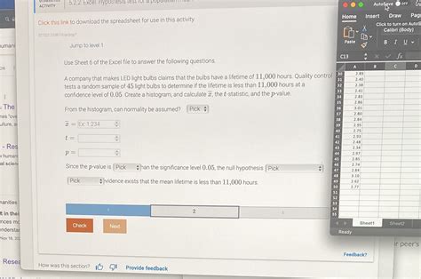 Solved 5 2 2 Excel Hypothesis Test Autosave Off Activity Home Insert Course Hero