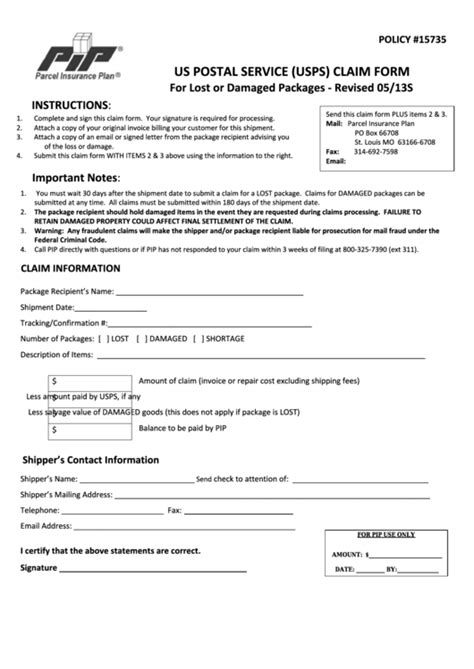 Us Postal Service Usps Claim Form For Lost Or Damaged Packages Parcel Insurance Plan