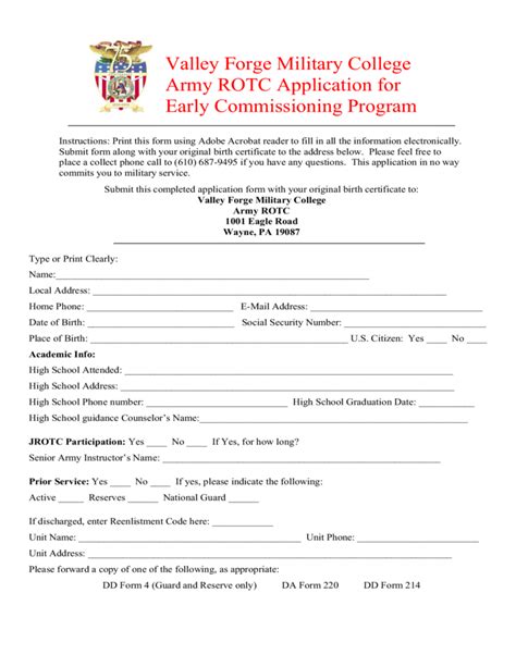 Valley Forge Military College Army Rotc Application For Early Commissioning Program Free Download